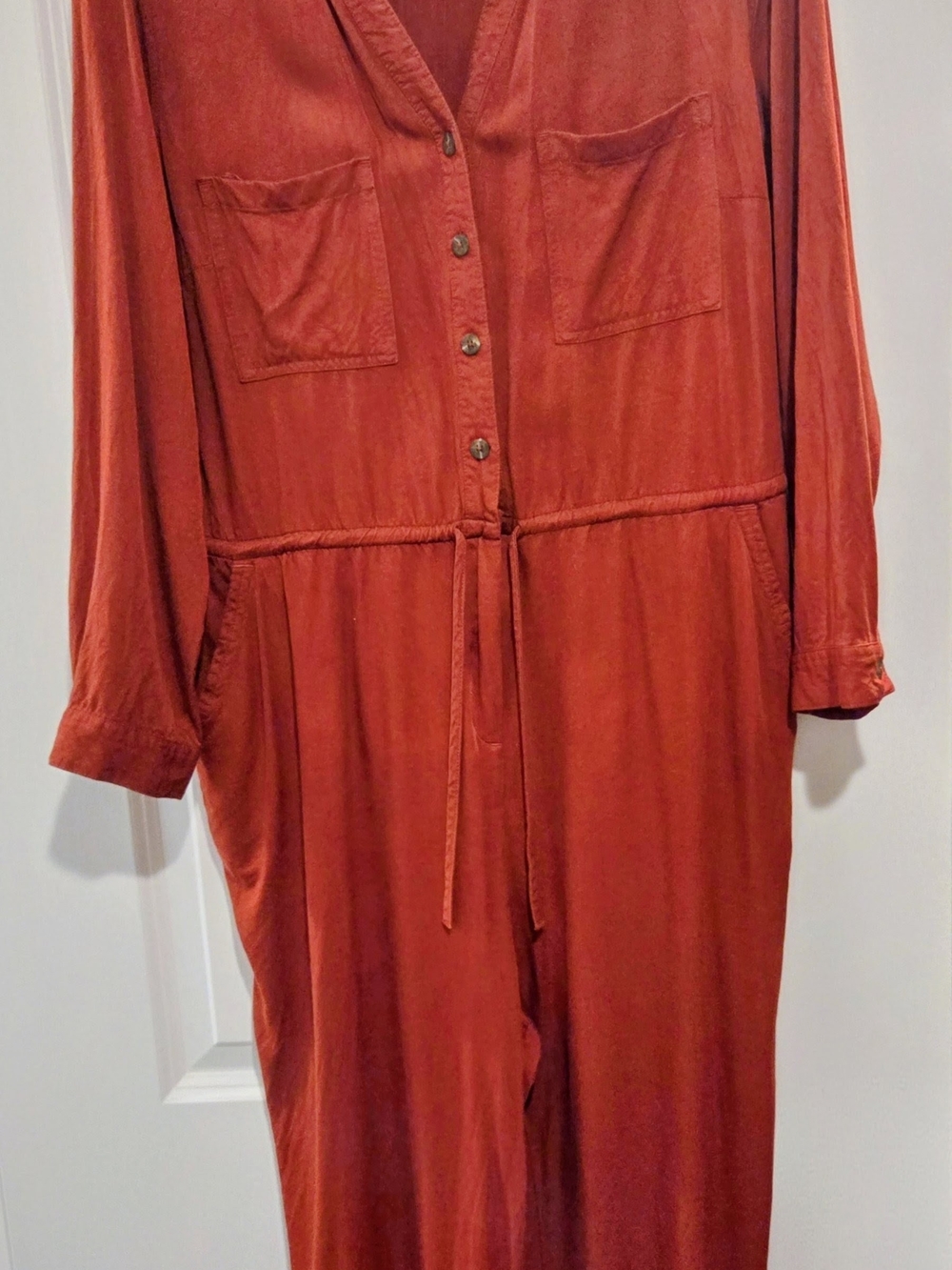 Old Navy Long Sleeve Utility Jumpsuit Rust Burnt Orange Drawstring Pockets L